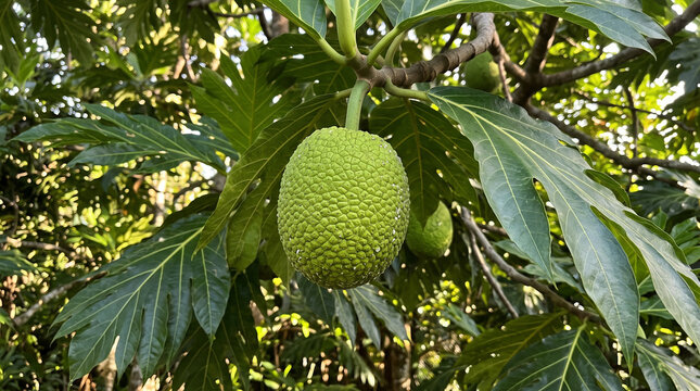 The breadfruit tree bears fruit and is found in many areas of Southeast Asia.