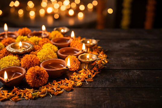 Diwali oil lamps and marigold flowers on a dark wooden table