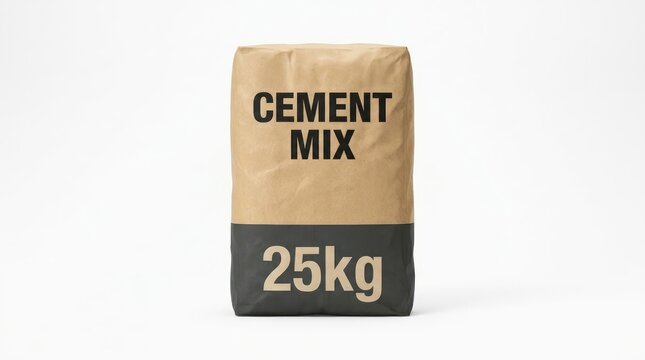 Heavy brown paper sack containing twenty five kilograms of industrial cement mix product packaging