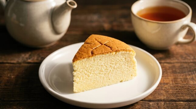 Delicious Japanese cotton sponge cake slice served on ceramic plate with hot tea teapot