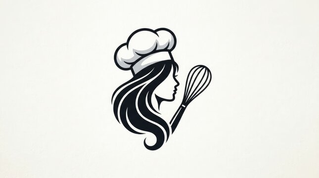 Elegant female chef wearing tall toque hat holding wire whisk profile silhouette logo vector illustration