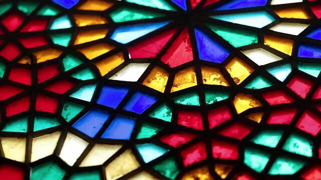 Vibrant stained glass windows with intricate Persian Orosi latticework and geometric patterns inside the historic Dowlatabad Garden pavilion in Yazd, Iran, showcasing traditional Iranian architecture.