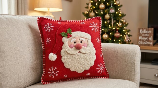 Festive red christmas cushion featuring cute santa claus design resting on living room sofa