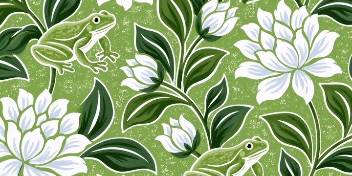 Frogs and white flowers seamless nature pattern