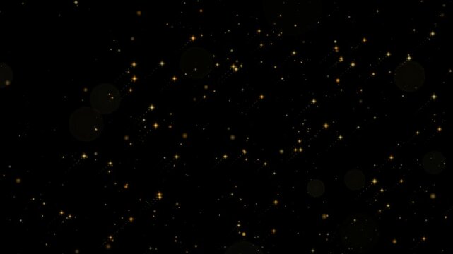 Gold sparks streaming diagonally across a pure black background in a seamless loop with glowing heads and sparkle trails swept along one axis as if carried by a steady wind for compositing