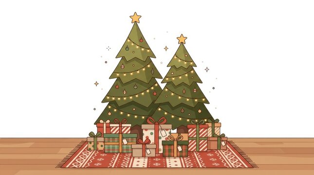 Beautiful decorated christmas trees standing on patterned red rug surrounded by wrapped present boxes