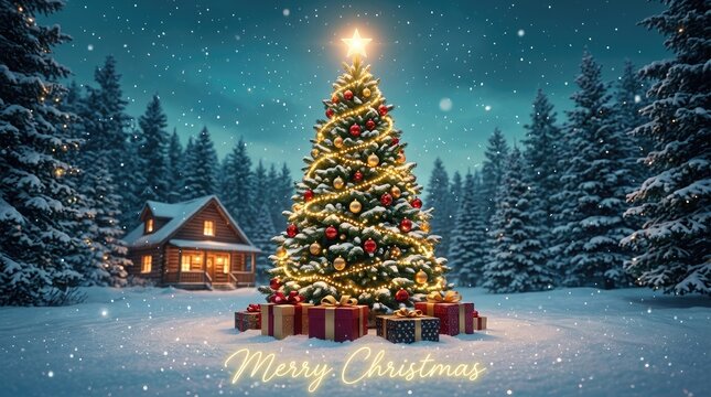 Glowing decorated Christmas tree standing outdoors in snowy winter forest landscape at dusk
