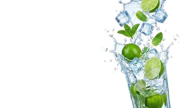 Vibrant mojito cocktail splashing with fresh lime slices mint leaves and ice cubes