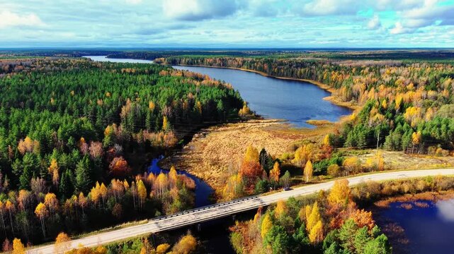 Aerial view of autumnal forest, winding river, and a bridge over tranquil blue waters