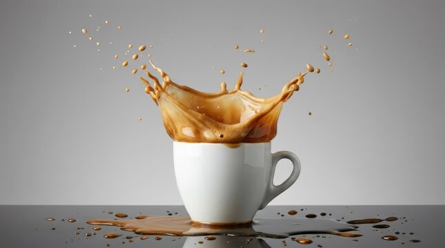 Dynamic coffee splash erupting from a white ceramic cup against minimalist grey studio background
