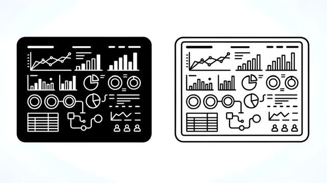 Business analytics dashboard icon set in dual style solid dark and line art outline vector ui ux data visualization
