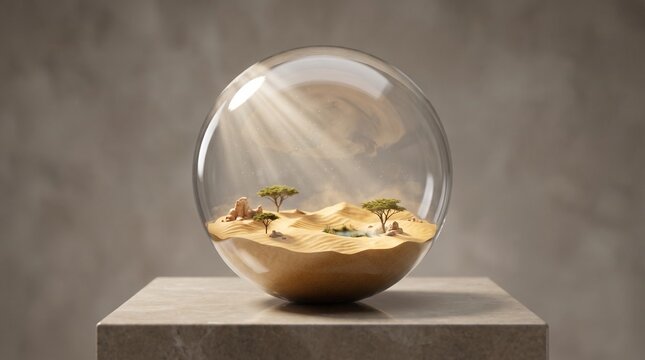 Miniature desert ecosystem encapsulated inside a transparent glass sphere resting on a polished stone pedestal featuring golden sand dunes tiny acacia trees and a small hidden oasis illuminated 
