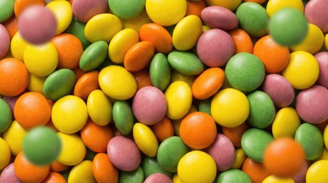 Vibrant multi colored round chocolate candies scattered closely together with shallow depth of field macro perspective