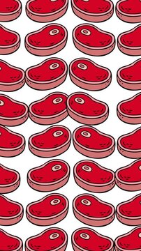 Add a bold touch to your designs with this cute cartoon steak pattern featuring juicy red meat illustrations on a white background