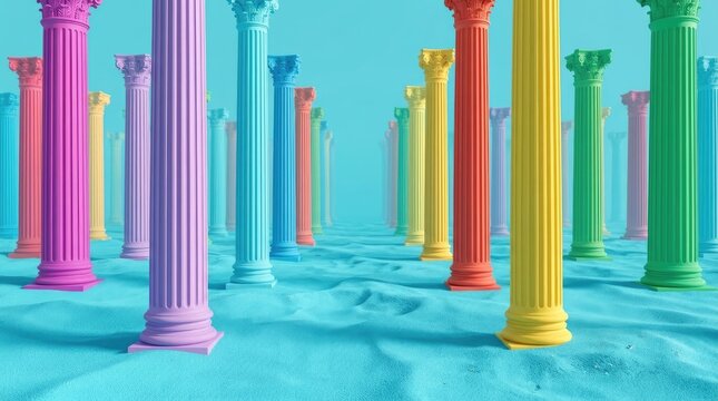 Vibrant colorful ancient roman marble pillars standing in surreal turquoise sandy desert landscape scenery