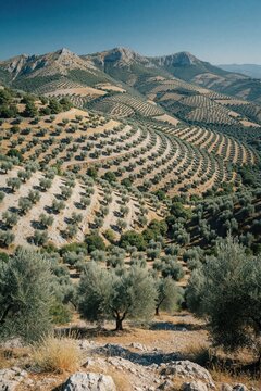 Aerial view of olive grove on hills in Spain. Rows of green olive trees grow on terraced mountainside under blue sky. Scenic landscape shows Mediterranean nature, dry terrain, mountains during