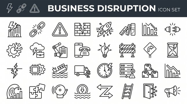 Business Disruption Icon Set with Operational Downtime, Market Upheaval, and Continuity Recovery Plan Symbols