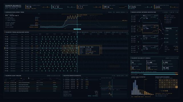 Premium industrial sensor dashboard animation showing communication latency, missing telemetry alerts, gateway reliability, and network monitoring for 4K industrial IoT observability.