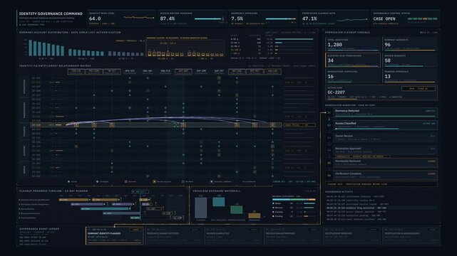 Premium enterprise identity governance dashboard animation featuring dormant account cleanup, permission matrix, and security workflow in dark UI with cyan and amber accents.