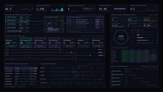 Sophisticated cybersecurity SOC dashboard animation tracking incident lifecycle stages from detection to recovery with correlated telemetry data and status indicators.