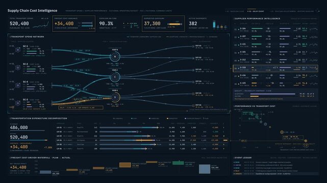 Sophisticated enterprise supply chain cost dashboard comparing transport spending and supplier performance with dark navy UI, cyan logistics network, and animated freight cost variance analytics.