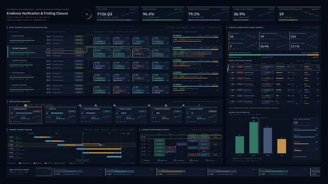 Enterprise audit monitoring dashboard animation tracking evidence verification, control testing, and finding closure timelines in a dark interface. for commercial creative technology and business use.