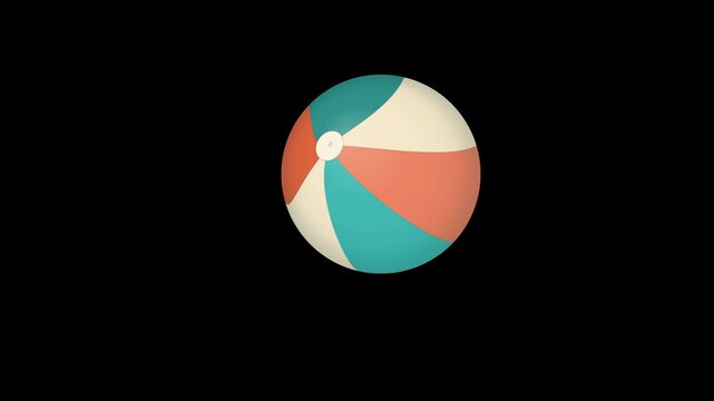 A colorful illustrated beach ball rolls and rebounds with soft squash on a transparent background in an eight second loop.