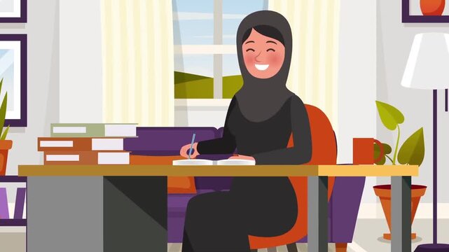 Smiling muslim woman wearing hijab writing in notebook while sitting at her home office desk