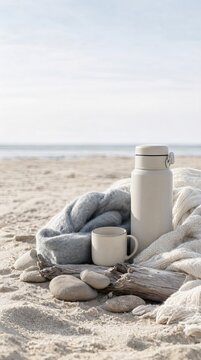 Minimalist winter coffee arrangement with a ceramic mug and beige thermos on a scenic sandy beach.