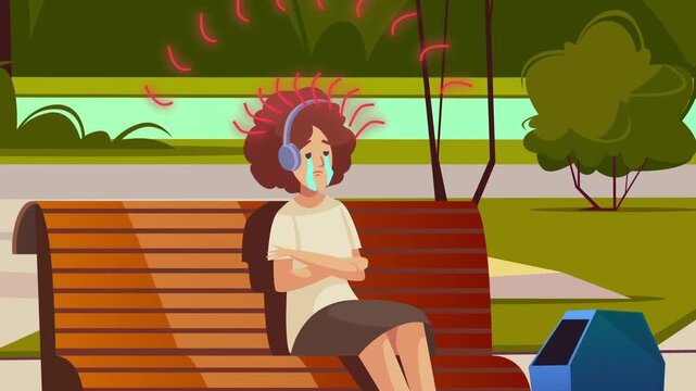Depressed woman wearing headphones crying while sitting on wooden bench outdoors in public park during daytime