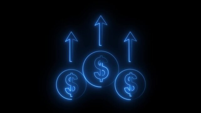 Abstract glowing neon line animation featuring a dollar sign and business graph icon,, and financial bar chart concepts on a dark black background.