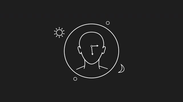 White line human head with a clock inside and rotating sun and moon icons. Explains the circadian sleep-wake cycle. For sleep and health videos, transparent background