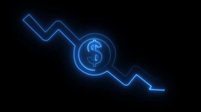 Money loss concepts. Cash down, arrow and dollar stocks graph, market fall. neon down arrow stocks graph with black background.Motion Graphic concept.