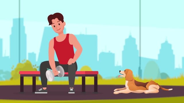 Young man lifting weights with his cute beagle dog outdoors in a city park during sunny afternoon