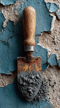 Paint and a wooden handle on a rusty surface