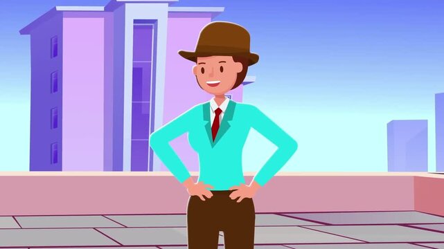 Animated cartoon woman wearing a brown hat and blue shirt standing on a city rooftop with buildings