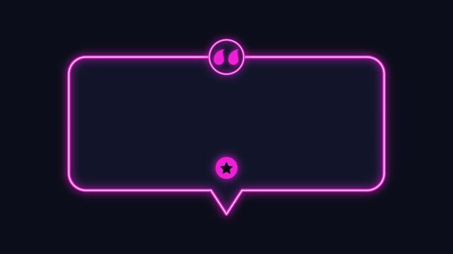 Neon laser speech bubble animation with copy space, abstract glowing 2D vector quote box motion graphic on dark background, empty text frame