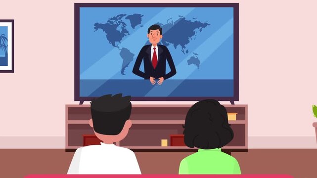 Young couple sitting comfortably on living room sofa while watching television news broadcast together indoors