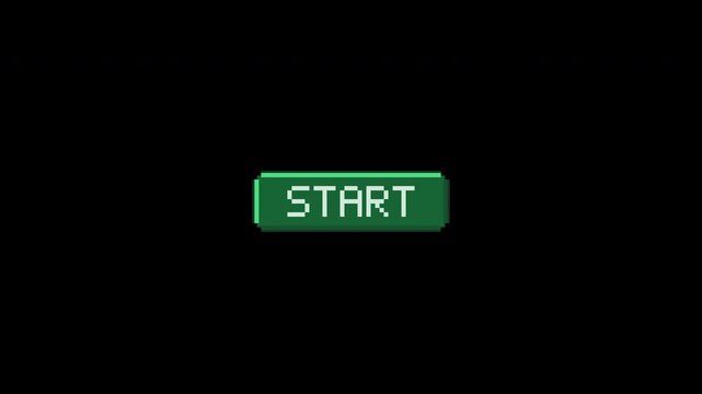 Nostalgic green and emerald pixel art START button with tactile stepped compression motion in an eight second transparent loop.