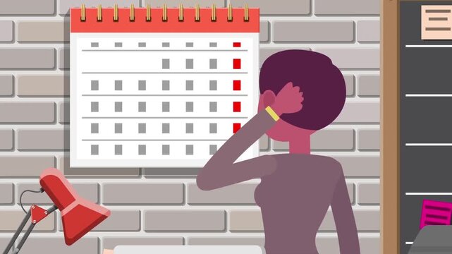 Stressed woman looking at wall calendar in modern office while scratching her head in confusion