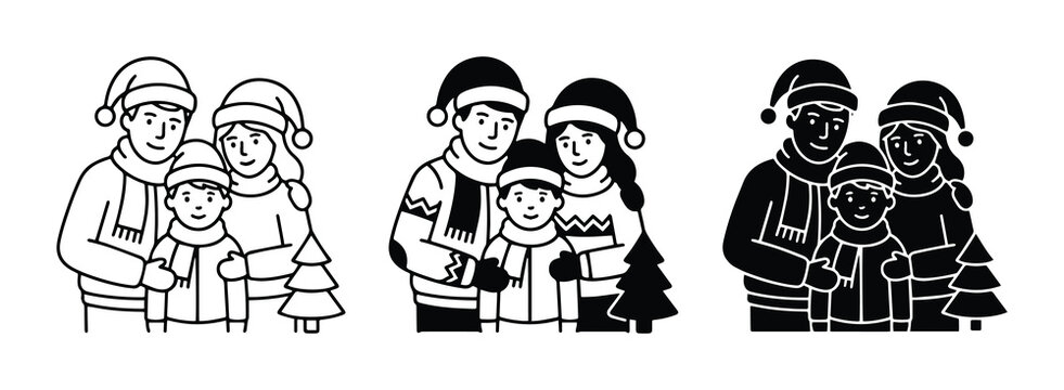 Christmas family line art and silhouette set with parents and child, winter holidays illustration