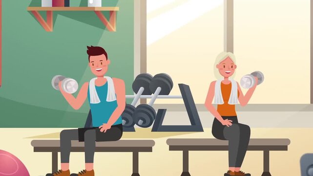 Smiling athletic man and woman exercising together with dumbbells inside a bright modern gym setting