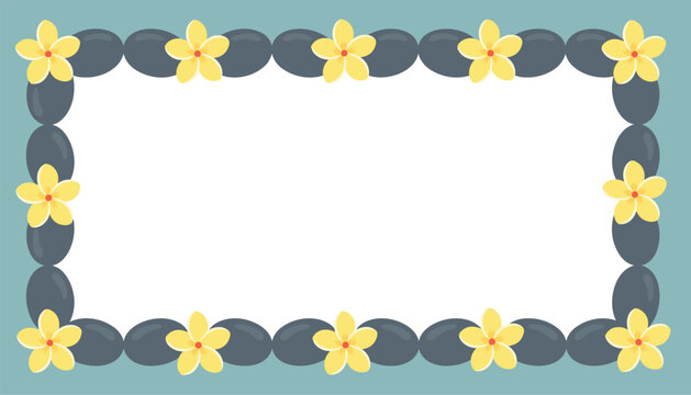 Rectangular frame is constructed from smooth gray river stones and bright yellow plumeria flowers against a light blue background.