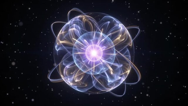 3D animation of a translucent glass atom model with a glowing violet nucleus, golden toroidal magnetic field lines, and intersecting electron orbit rings floating in starry space.