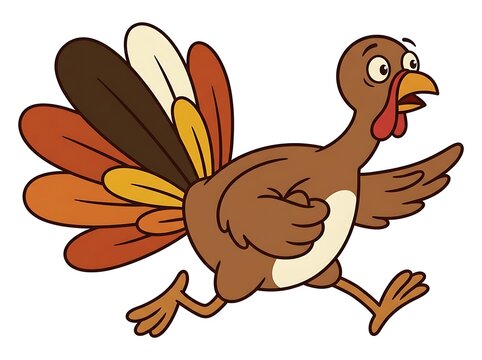 Cartoon turkey running quickly with colorful feathers isolated on white background