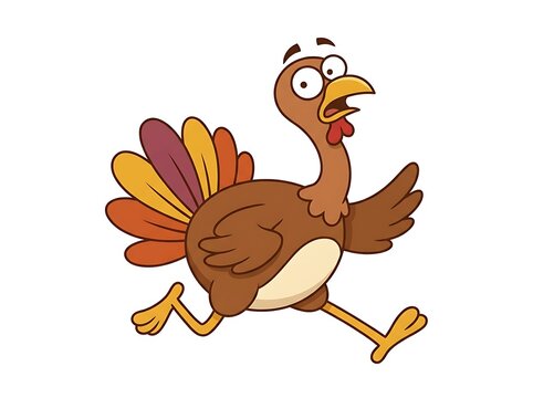 Cartoon turkey running quickly with a worried expression isolated on white