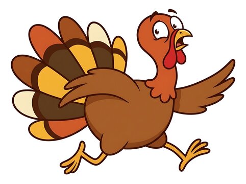 Cartoon turkey running quickly with wings spread in a playful scene