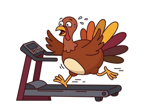 Cartoon turkey running on treadmill exercising for thanksgiving fitness