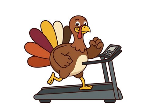 Cartoon turkey running on treadmill illustration for thanksgiving fitness concept