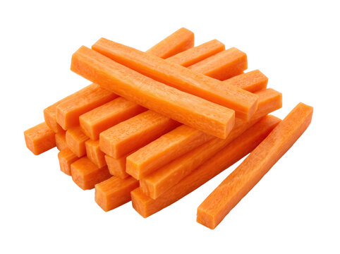 Stack of fresh julienned carrot sticks isolated on black, featuring raw orange carrot batons for culinary preparation. Healthy snack and recipe ingredient for nutrition marketing.